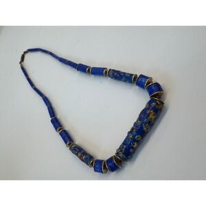 Vintage Murano Cobalt Blue Millefiori Glass Tube Bead Necklace Mid-Century